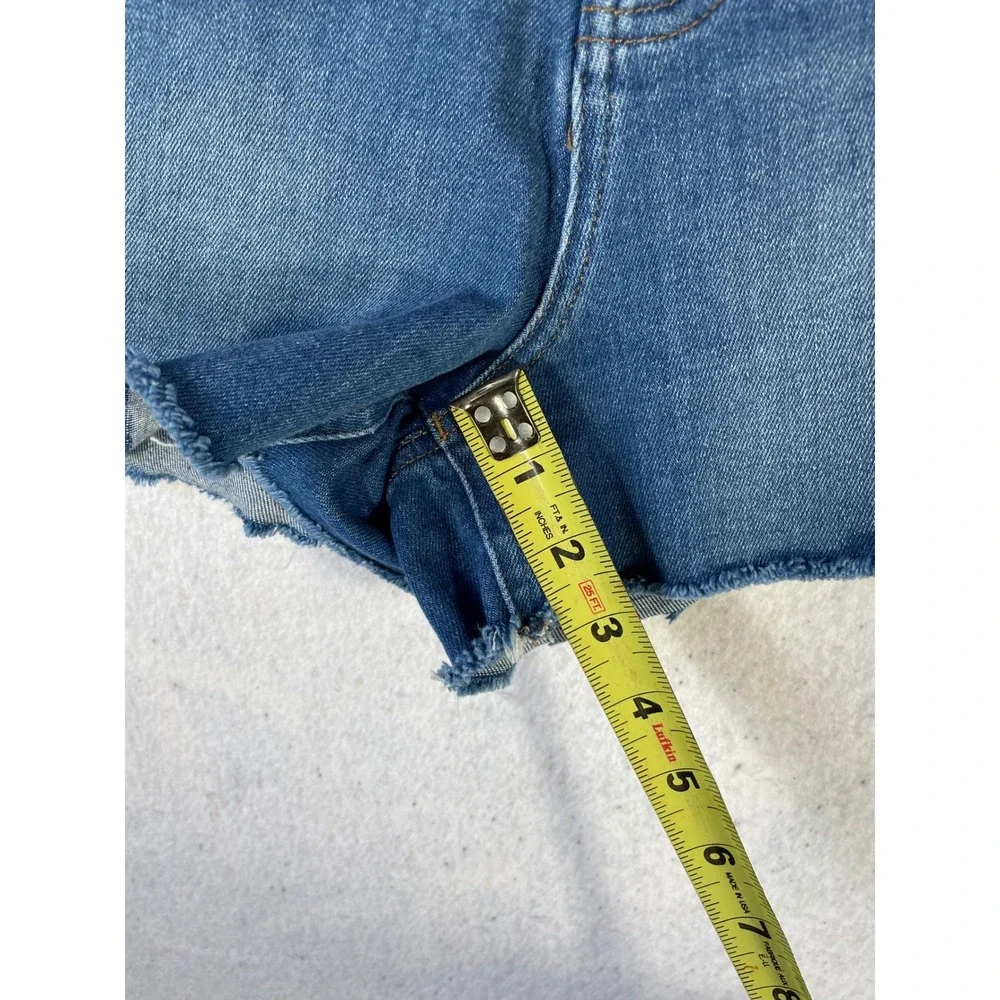 Express Womens High Rise Distressed Mom Shorts Medium Wash Blue Size 6 Raw Hem